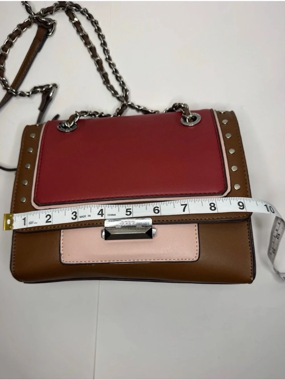 BCBG Colorblock Studded Shoulder Bag in Red, Brown & Pink